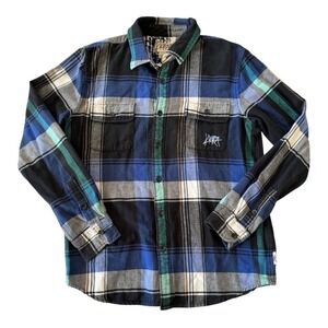 Kirra Men's Plaid Flannel Button Up Shirt Size L Blue Black Green 100% Cotton